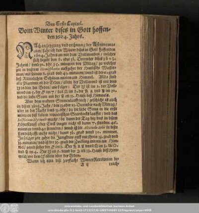 Das Erste Capitel. Vom Winter dises in Gott hoffenden 1604. Jahrs.