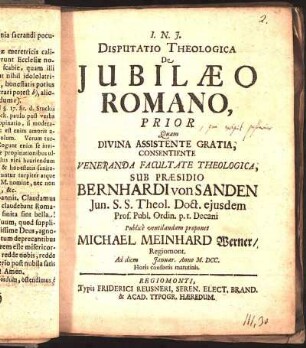 Disputatio Theologica De Jubilæo Romano, Prior