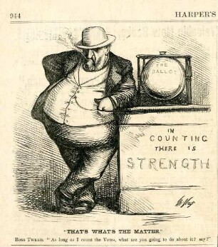 "That's what's the matter." Boss Tweed. "As long as I count the Votes, what are you going to do about it? say?" : Tweed steht neben einer Wahlurne und bewacht sie