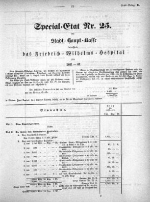 1867,6: Special-Etat Nr. 25 der Stadt-Haupt-Kasse betreffend das Friedrich-Wilhelms-Hospital pro 1867-69
