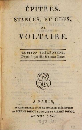 Épitres, Stances, Et Odes, De Voltaire