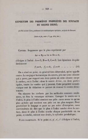 Exposition des premières propriétés des surfaces du second degré.