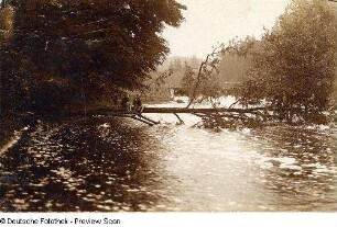 Dresdner Heide. Prießnitz bei Hochwasser oberhalb der Heidemühle. Blick nach Osten gegen das Wehr des Mühlteiches