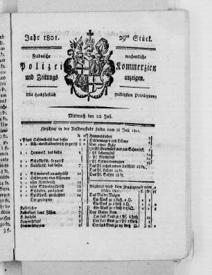 29tes Stück, Ausgabe vom 22. Juli 1801