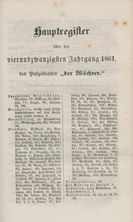 Hauptregister über den vierundzwanzigsten Jahrgang 1861 des Polizeiblattes "der Wächter"