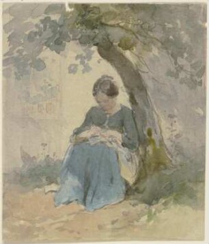 Frau mit Näharbeit unter einem Baum sitzend