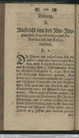 Anhang. B. Nachricht von den Neu-Ruppinschen Inspectoribus und Pastoribus seit der Reformation