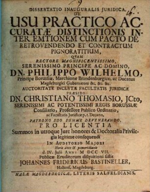 Diss. inaug. iur. de usu practico accuratae distinctionis inter emtionem cum pacto de retrovendendo et contractum pignoratitium