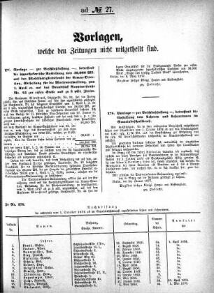 Vorlagen, welche den Zeitungen nicht mitgetheilt sind