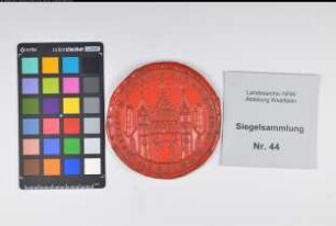 Siegler: Höxter, Stadt Überlieferungsart: Nachbildung. Stoff: Kunststoff Farbe: rot Form: rund. Durchmesser: Art: Typ: Umschrift: SIGILLVM BURGENSIVM IN HUXARIA