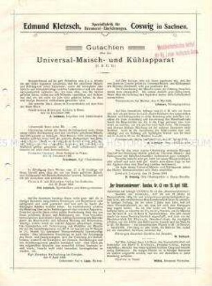 Gutachten über Universal-Maisch-Kühlapparate