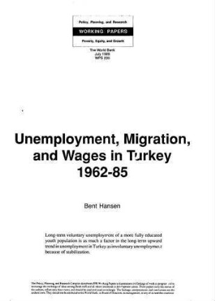 Unemployment, migration, and wages in Turkey 1962-85