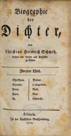 Biographie der Dichter, Zweyter Theil. Shakspear. Spenser. Prior. Pyra. Uz. Pindar. v. Hagedorn. Rost. Gay. Lichtwehr