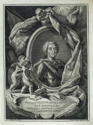 Bildnis August II. : Rossi, Hieronimus nach Bianchi, Petrus: Bildnis August II. Kupferstich; 332 x 248 mm (Plattenrand). 1733. Aus: Ragguaglio delle solenni esequie fatte celebrare in Roma nella Basilica di S. Clemente alla sacra Real Maestà di Federigo Augusto, Re di Polonia dall'... Signor Cardinale Annibale Albani, protettore di quel regno. Roma, Salvioni 1733. Dresden: SLUB Hist.Sax.C.231