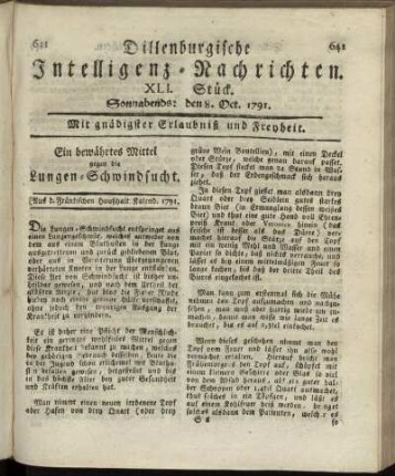 XLI. Stück. Sonnabends: den 8. Oct. 1791.