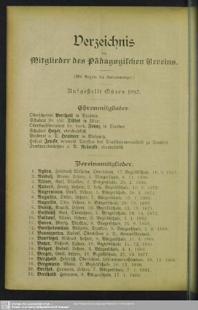 Verzeichnis der Mitglieder des Pädagogischen Vereins