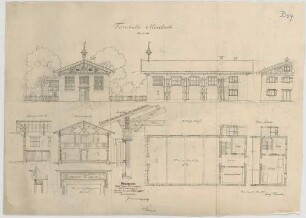 Thiersch, August ; Miesbach (Bayern); Turnhalle, Umbau - Grundriss EG, Grundriss OG, Ansichten, Teilansicht, Schnitt, Querschnitt, Längsschnitt