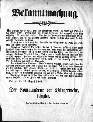 Bekanntmachung. Am gestrigen Abend haben arge und bedauerliche Exesse [...] (Sammlung Friedlaender)