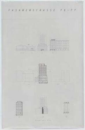 Städtebaulicher Ideenwettbewerb "Fasanenstraße", 2. Stufe, Engerer Bauwettbewerb (nicht realisiert) – Fasanenstraße 76-77: Ansichten, Schnitte. Berlin-Charlottenburg/Wilmersdorf, Grolmanstraße 41-43, Kantstraße 155-157, Fasanenstraße 81, Fasanenstraße 76-77, Uhlandstraße 18-19