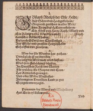 Gvstaph Adolph der Edle Heldt/ || Auß Schweden Hochgebohren/ ||