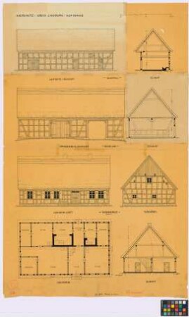 Medewitz (Kreis Cammin): Hof Ehmke. - Kuhstall (Süd-Ost-Hof-Seiten-Ansicht, Querschnitt). - Scheune (Nord-Ost-Straßen-Seiten-Ansicht, Querschnitt). - Wohnhaus (erbaut 1844) (Ost-Hof-Seiten-Ansicht, Süd-Giebel-Ansicht, Grundriss des Erdgeschosses, Querschnitt)