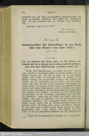 Beilage II. Innungsartikel der Zeugwürker in der Stadt und Amt Plauen vom Jahre 1659
