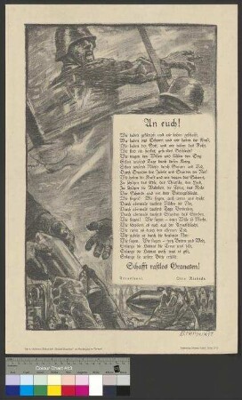 Propagandaplakat aus dem Ersten Weltkrieg mit einem Gedicht von Otto Riebicke (abgedruckt in der Illustrierten Wochenschrift "Reclams Universum")