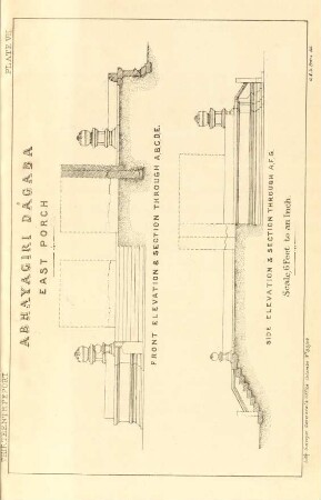 Plate VII. Abhayagiri Dágaba. East porch. Front elevation & section through A. B. C. D. E. Side elevation & section through A. F. G.