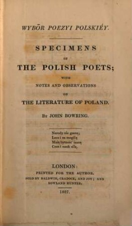 Specimens of the Polish poets : with notes and observations on the literature of Poland = Wybór poezyi polskiéy