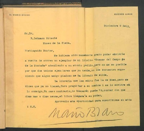 [Carta de Mario Bravo a Robert Lehmann-Nitsche]