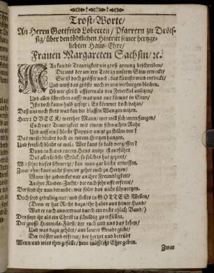 Trost-Worte/ An Herrn Gottfried Lobeccen / Pfarrern zu ...