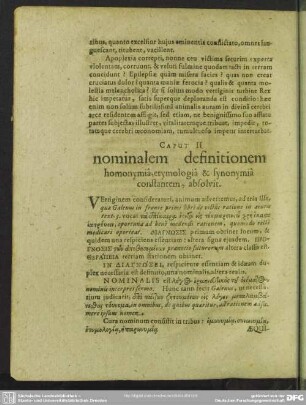 Caput II. nominalem definitionem homonymia, etymologia & synonymia constantem, absolvit