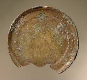 Etruskischer Spiegel (Fragment): Dioskuren, Minerva, junger Mann