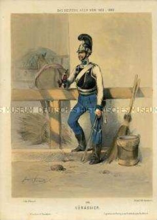 Uniformdarstellung, Kürassier beim Pferdestall, Österreich, 1835/1848. Tafel 108 aus: Gerasch: Das Oesterreichische Heer.