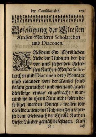 Befestigung der Eltesten Kirchen-Meisteren Scholarchen und Diaconen.