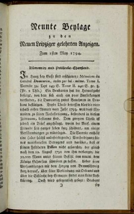 Neunte Beylage zu den Neuen Leipziger gelehrten Anzeigen. Zum 1sten May 1794.