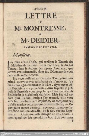 Lettre De Mr. Montresse, A Mr. Deidier ...