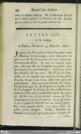 Lettre CXXI. A la même. A Paris, Vendredi 19. Février, 1672