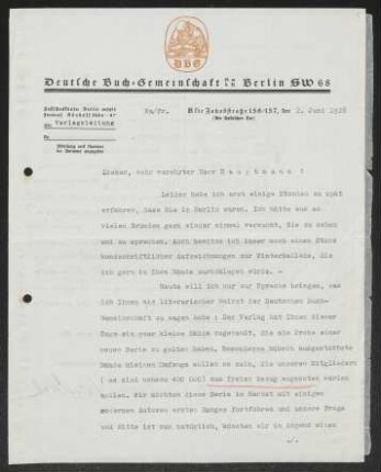 Brief von Julius Bab von Deutsche Buchgemeinschaft <Berlin> an Gerhart Hauptmann