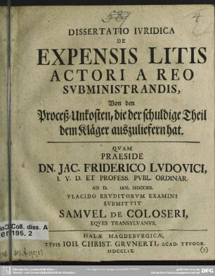 Dissertatio Iuridica De Expensis Litis Actori A Reo Subministrandis