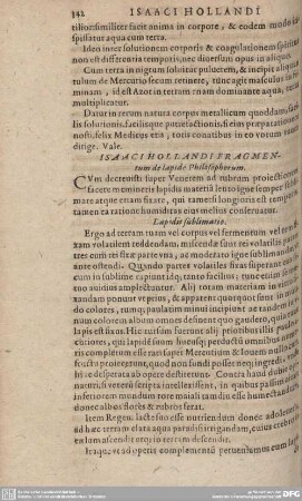 ISAAC HOLLANDI FRAGMENTUM de lapide Philsosophorum.