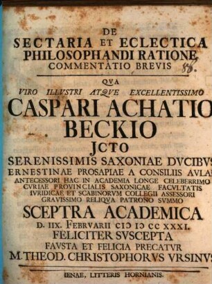 De sectaria et eclectica philosophandi ratione commentatio brevis