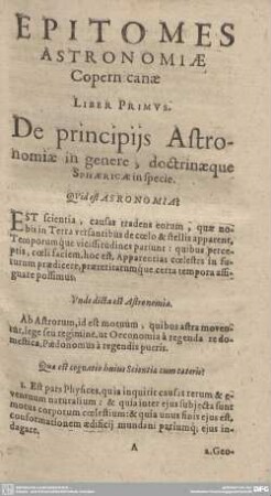 Liber Primus De principiis Astronomiae in genere, doctrinaeque Sphaericae in specie