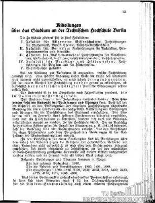 Mitteilungen über das Studium an der Technischen Hochschule