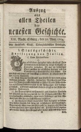XIII. Nachl. Coburg, den 30. Merz 1754.