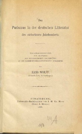 Der Purismus in der deutschen Litteratur des siebzehnten Jahrhunderts