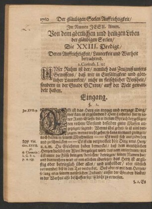 Von dem göttlichen und heiligen Leben der gläubigen Seelen/ Die XXIII. Predigt/ Deren Auffrichtigkeit/ Lauterkeit und Warheit betrachtend. 2. Corinth. I. 12: