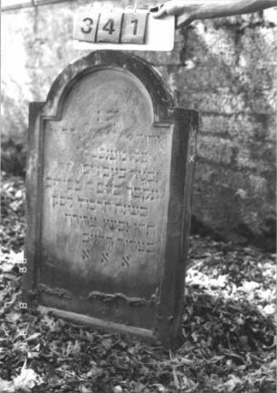 Grabstein 341 (Index: 99609978) Material: Sandstein Zustand: stark verwittert, teilweise Textverlust Maße HxBxT: 98x59x12 cm Beschreibung: Stele, eingezogener Rundbogenabschluß, Schriftfeld eingetieft: Grabstein 341