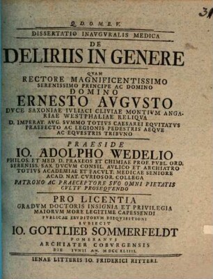 Dissertatio inavgvralis medica de deliriis in genere