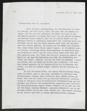 Brief von Robert Faesi an Gerhart Hauptmann